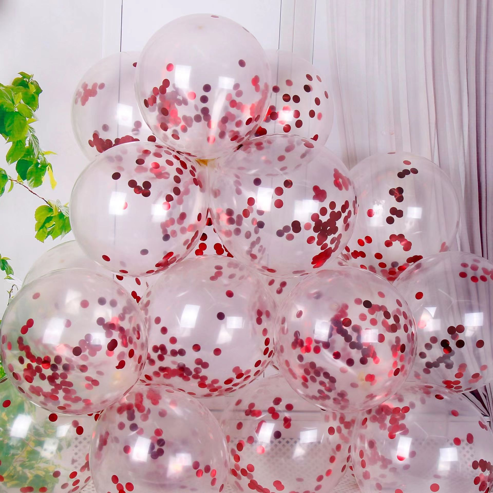 CON-10-RED | 10 Inch Red Confetti Clear Latex Balloons Wholesale | Low MOQ