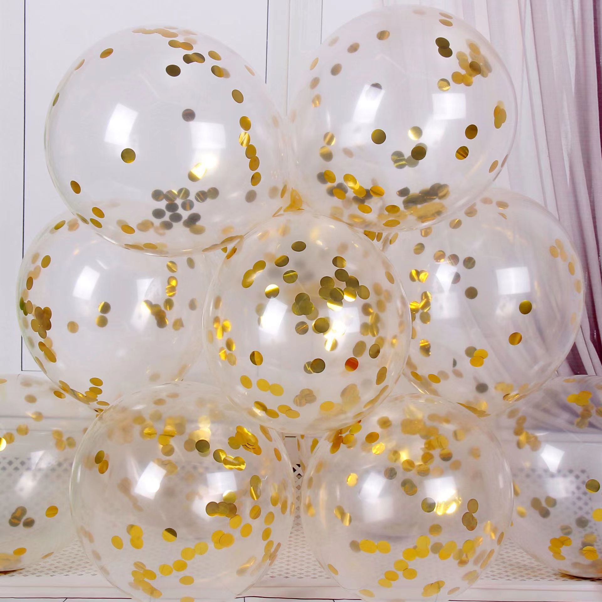 CON-10-GLD | 10 Inch Gold Confetti Clear Latex Balloons Wholesale | Low MOQ