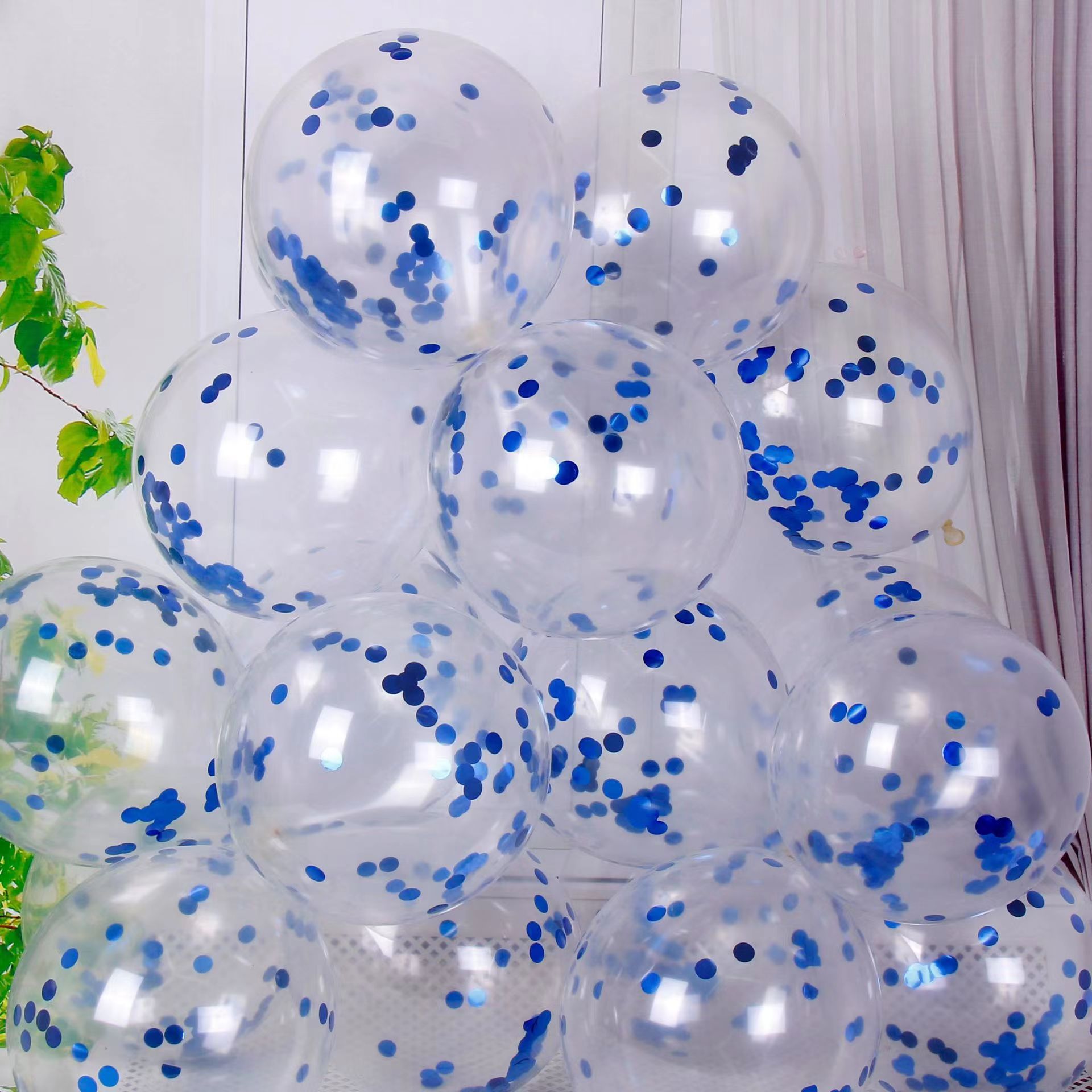CON-10-BLU | 10 Inch Blue Confetti Clear Latex Balloons Wholesale | Low MOQ