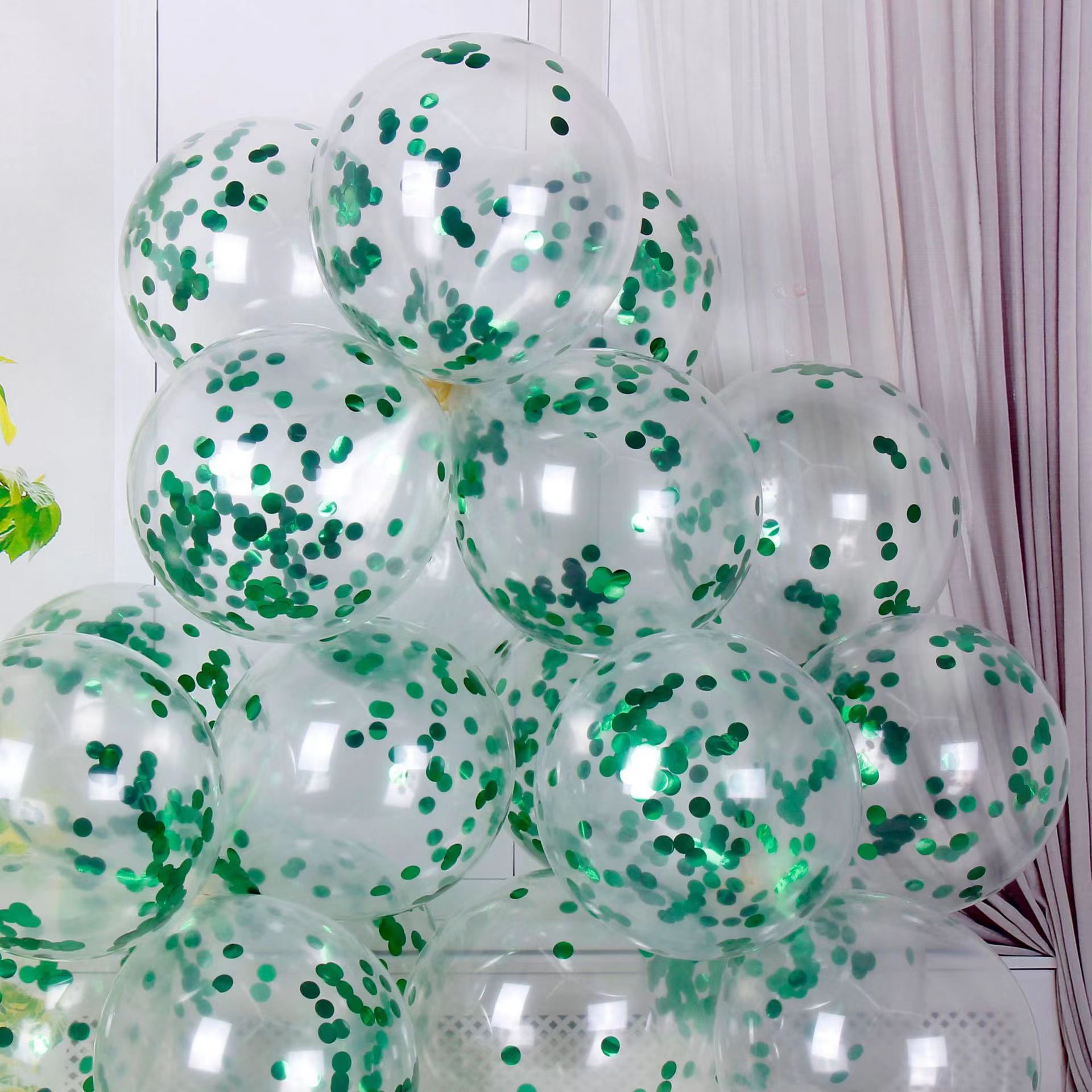 CON-10-GRN | 10 Inch Green Confetti Clear Latex Balloons Wholesale | Low MOQ