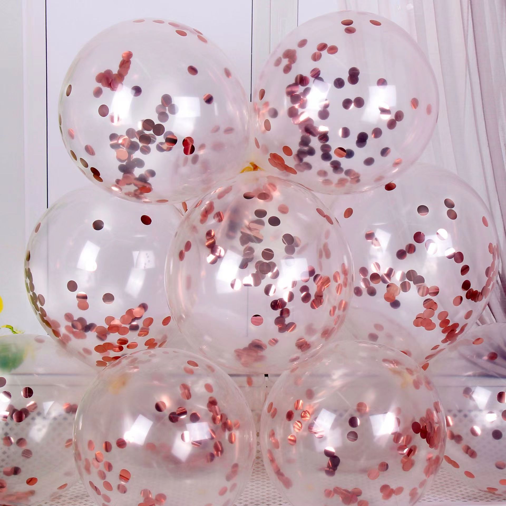 CON-10-RGD | 10 Inch Rose Gold Confetti Clear Latex Balloons Wholesale | Low MOQ