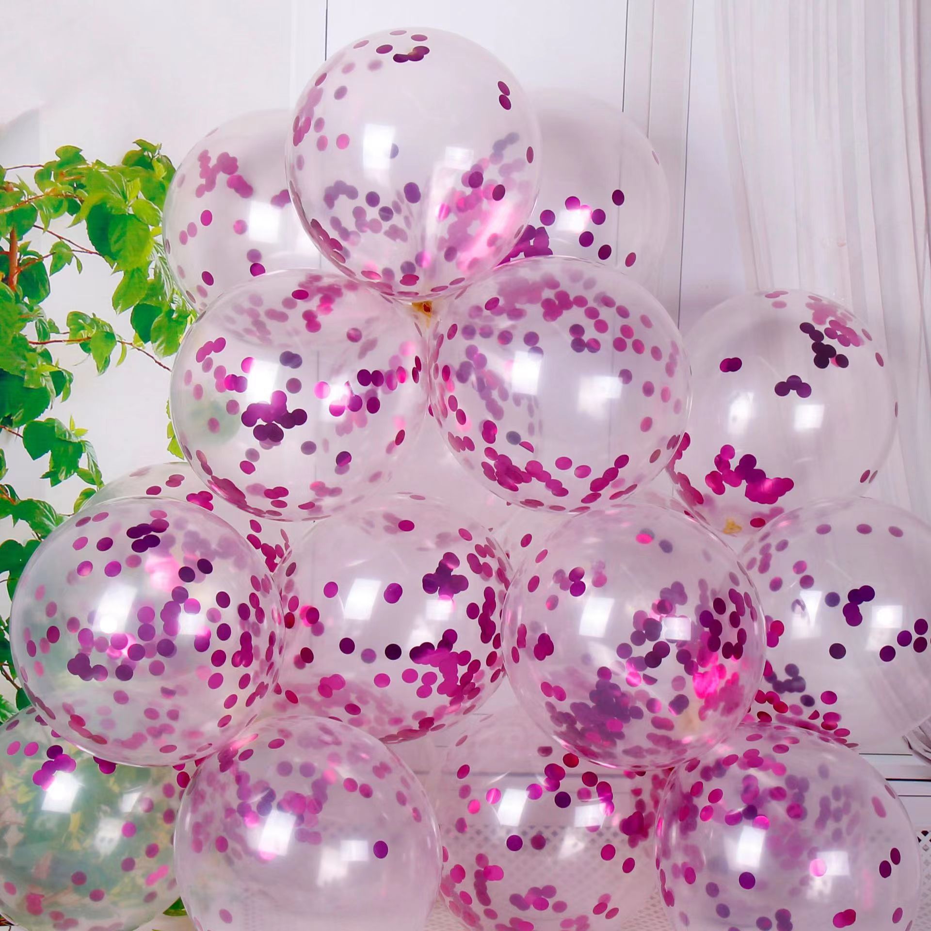 CON-10-MAG | 10 Inch Magenta Confetti Clear Latex Balloons Wholesale | Low MOQ