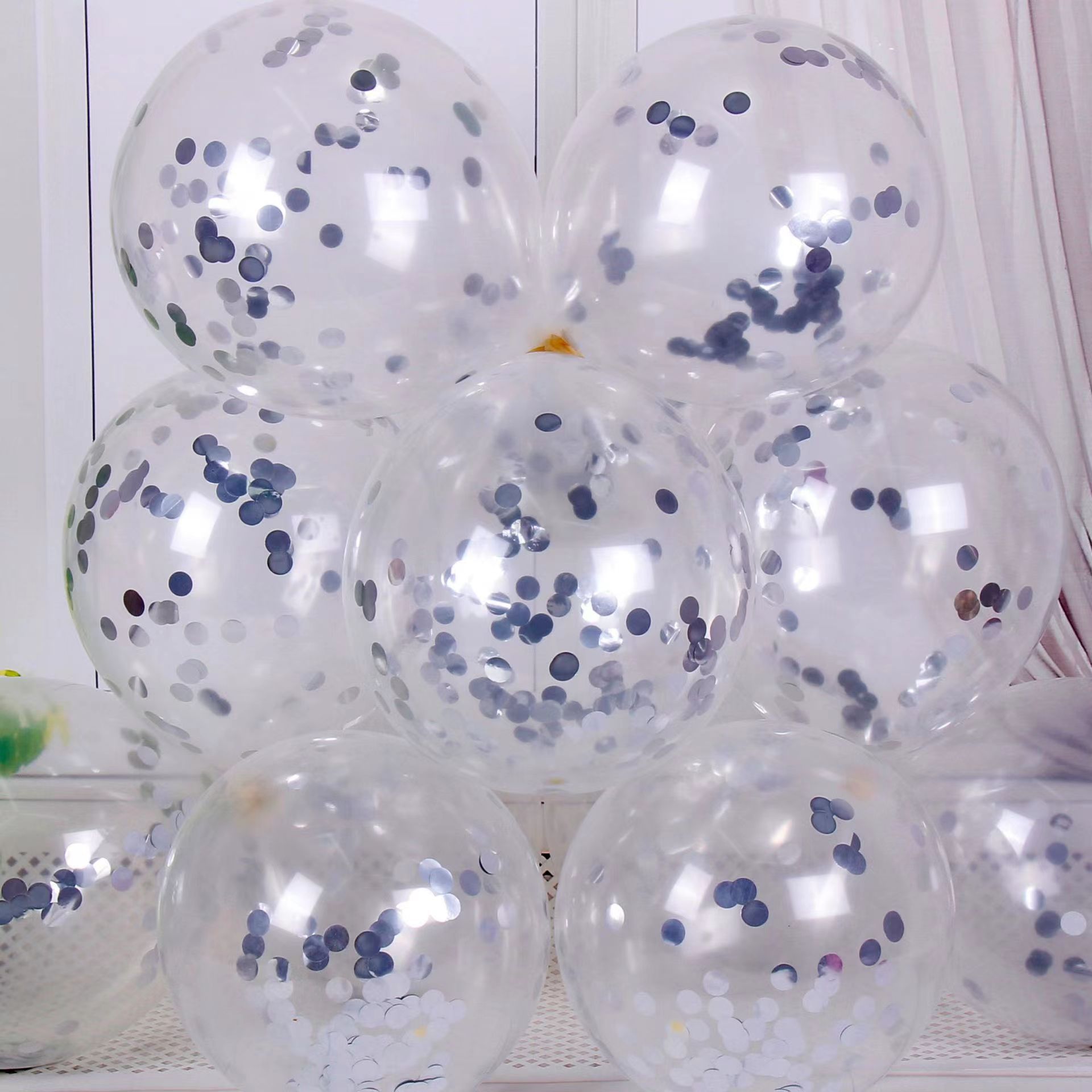 CON-10-SLV | 10 Inch Silver Confetti Clear Latex Balloons Wholesale | Low MOQ