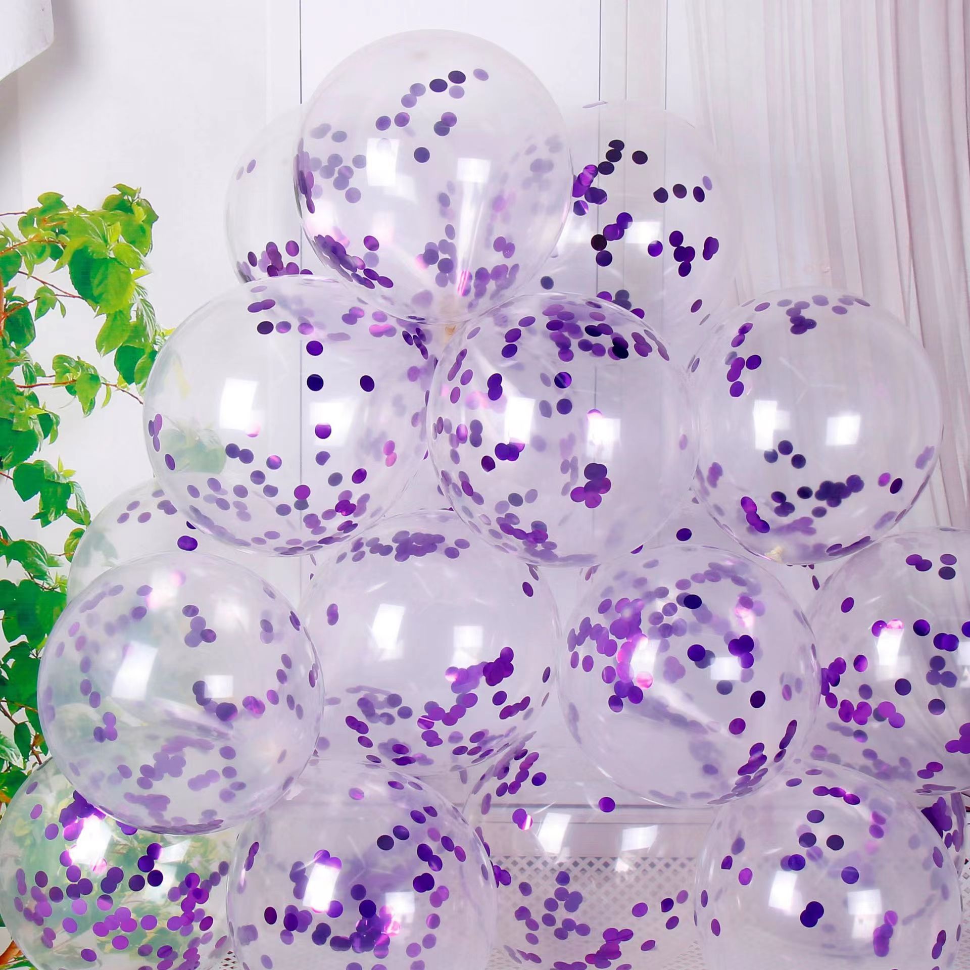 CON-10-PUR | 10 Inch Purple Confetti Clear Latex Balloons Wholesale | Low MOQ