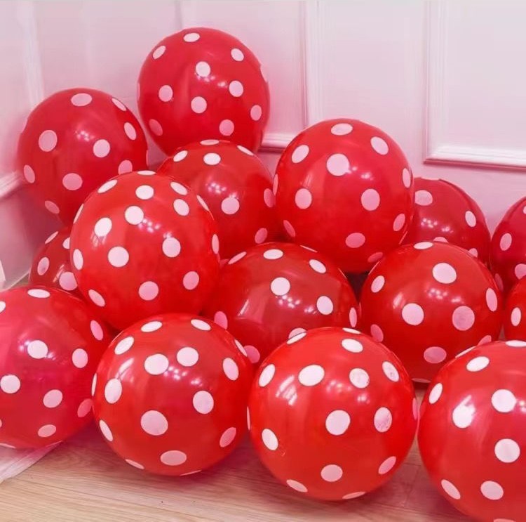 DOT-12-2P8-RED | 12 Inch 2.8g Red Base White Dot Print Latex Balloons Wholesale | Low MOQ