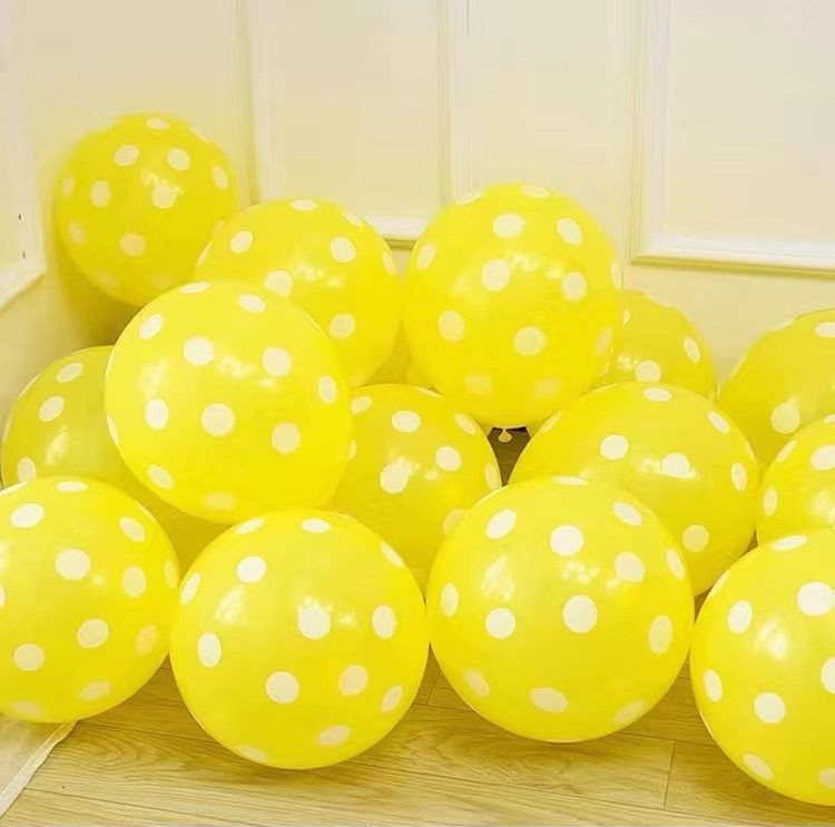 DOT-12-2P8-YLW | 12 Inch 2.8g Yellow Base White Dot Print Latex Balloons Wholesale | Low MOQ