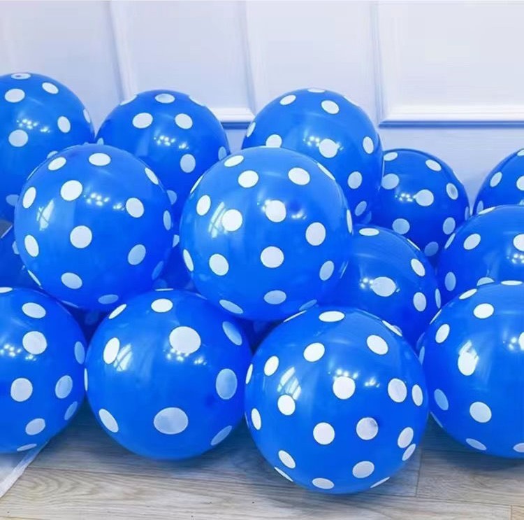 DOT-12-2P8-BLU | 12 Inch 2.8g Blue Base White Dot Print Latex Balloons Wholesale | Low MOQ