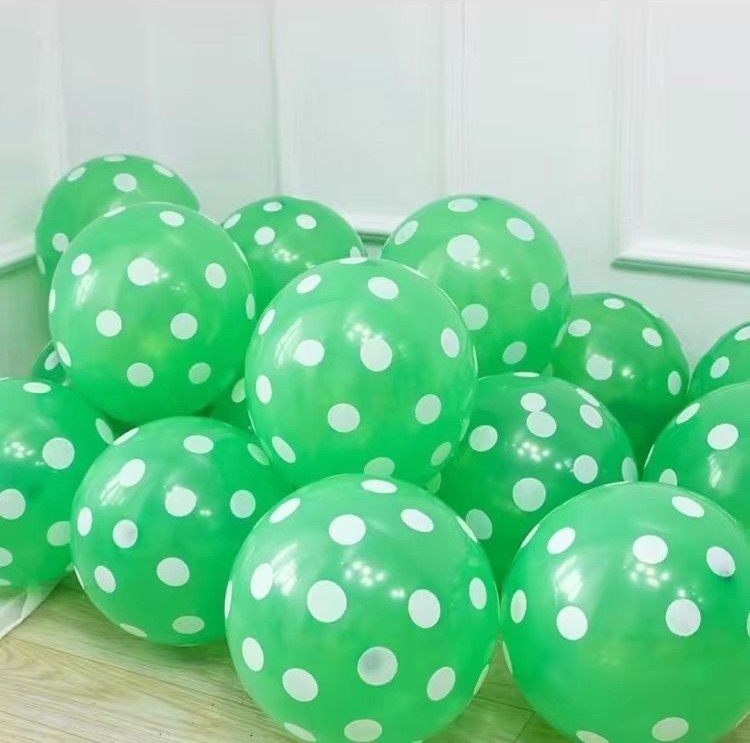 DOT-12-2P8-GRN | 12 Inch 2.8g Green Base White Dot Print Latex Balloons Wholesale | Low MOQ