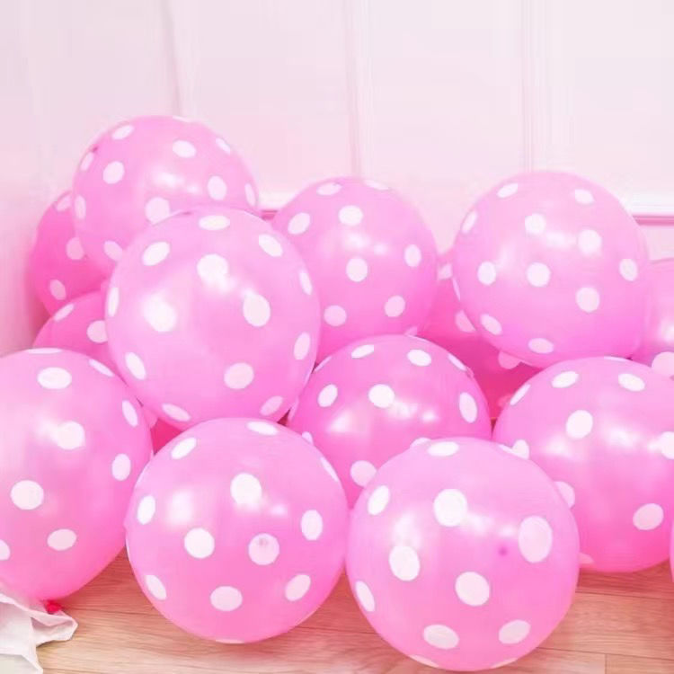 DOT-12-2P8-PNK | 12 Inch 2.8g Pink Base White Dot Print Latex Balloons Wholesale | Low MOQ