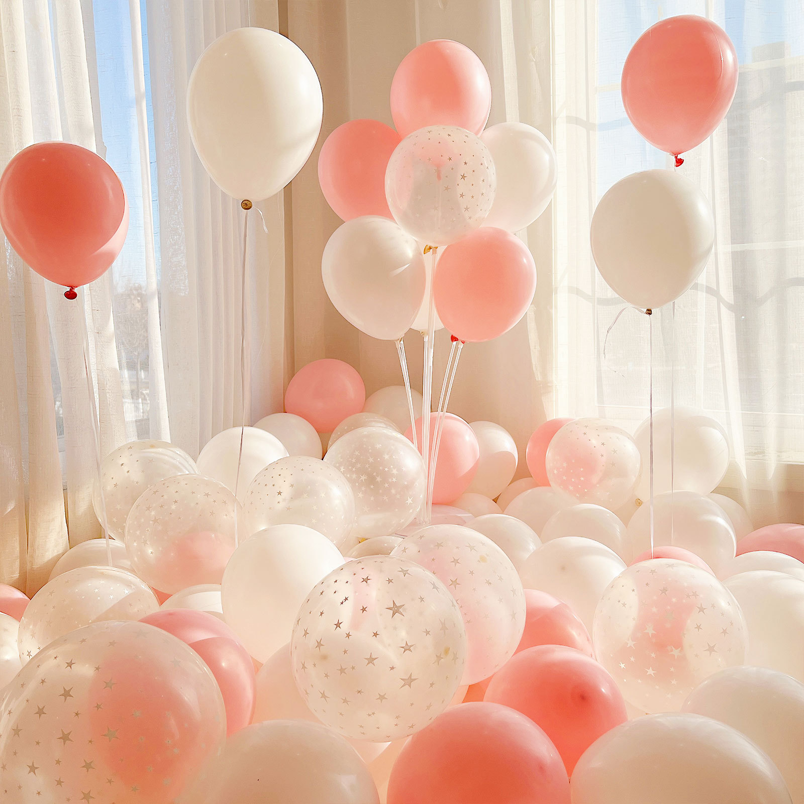 MIX-SET-086 | 10 Inch Pre-Mixed White Macaron Pink Star White Matte Latex Balloon Packs Wholesale | All Occasion Series | Low MOQ