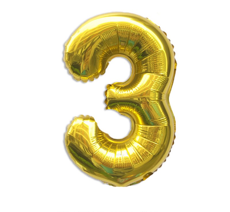 NUM-32-GLD-03 | 32 Inch Metallic Gold Foil Number 3 Balloon, Individual Pack Wholesale | Low MOQ