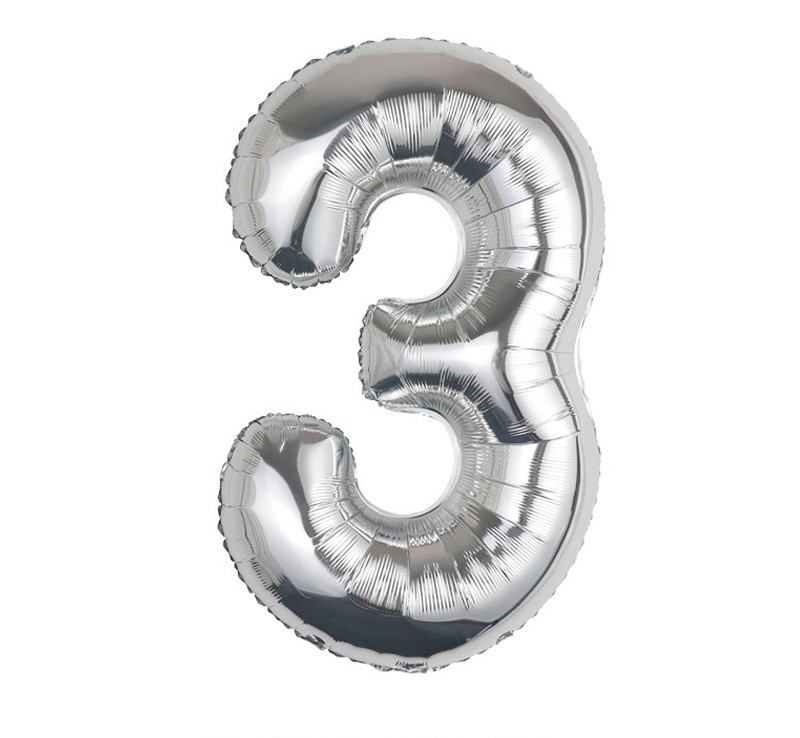 NUM-32-SLV-03 | 32 Inch Metallic Silver Foil Number 3 Balloon, Individual Pack Wholesale | Low MOQ