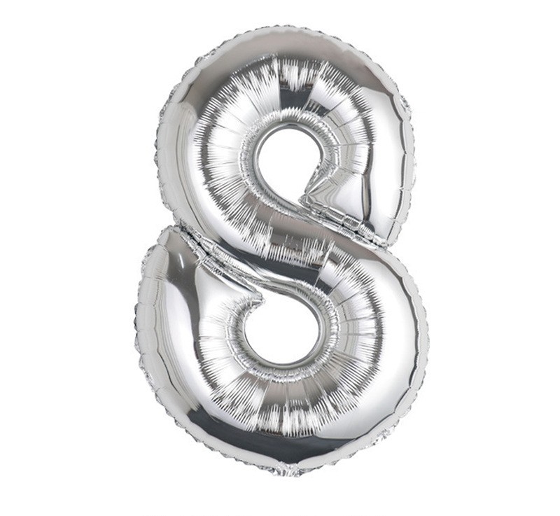 NUM-32-SLV-08 | 32 Inch Metallic Silver Foil Number 8 Balloon, Individual Pack Wholesale | Low MOQ