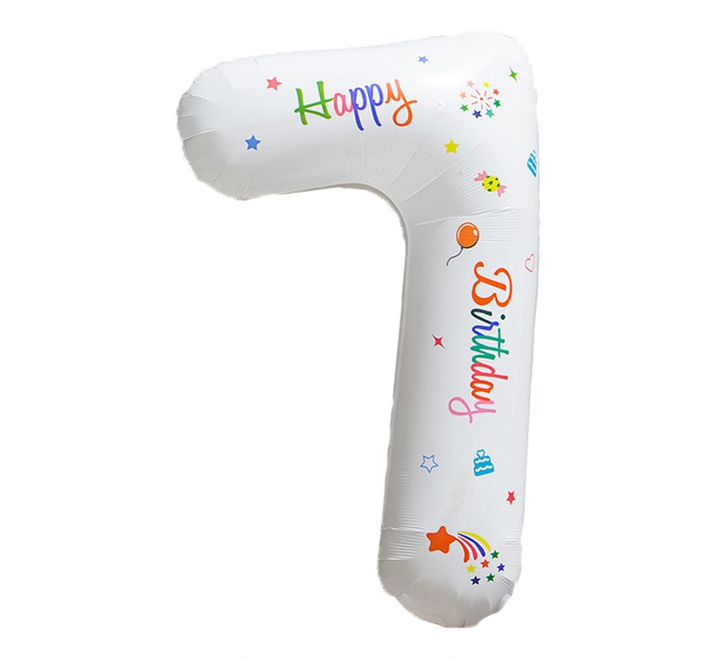 NUM-32-PRT-07 | 32 Inch White Base Happy Birthday Printed Foil Number 7 Balloon, Individual Pack Wholesale | Low MOQ