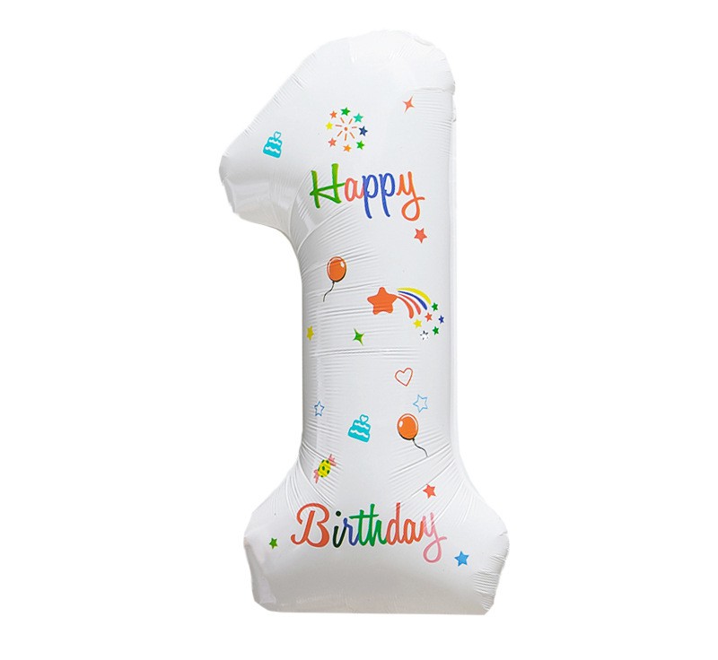 NUM-32-PRT-01 | 32 Inch White Base Happy Birthday Printed Foil Number 1 Balloon, Individual Pack Wholesale | Low MOQ