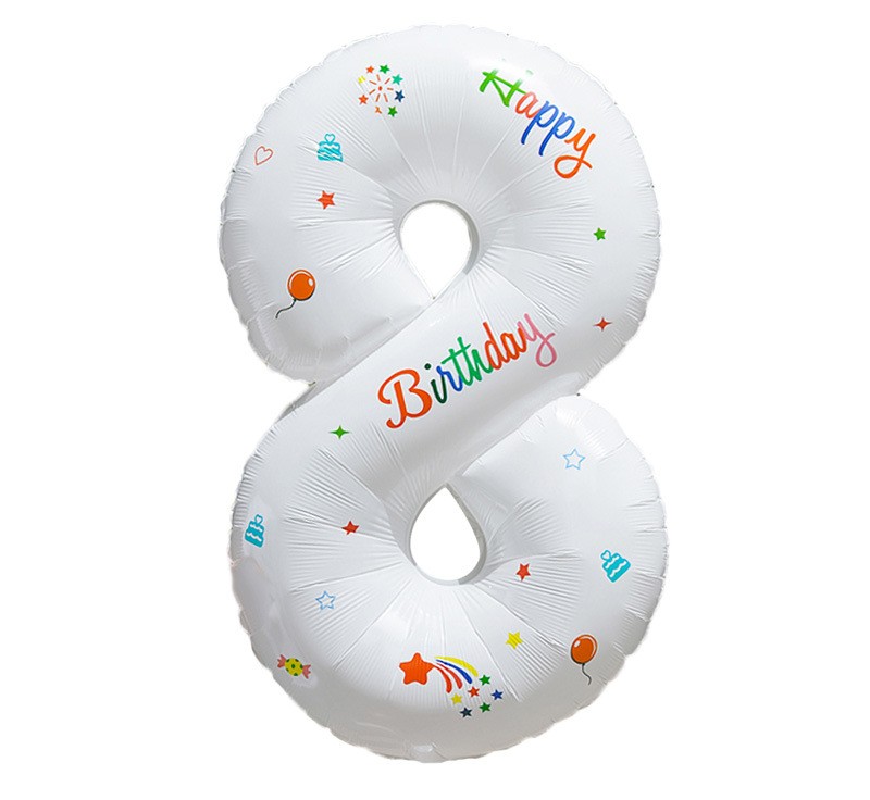 NUM-32-PRT-08 | 32 Inch White Base Happy Birthday Printed Foil Number 8 Balloon, Individual Pack Wholesale | Low MOQ