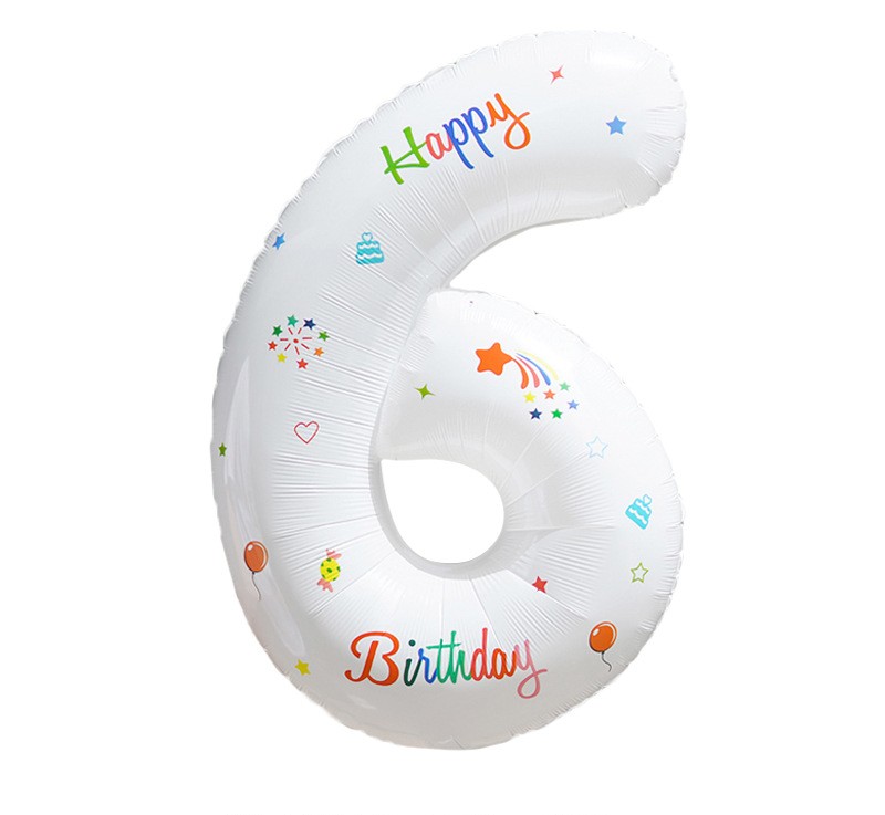 NUM-32-PRT-06 | 32 Inch White Base Happy Birthday Printed Foil Number 6 Balloon, Individual Pack Wholesale | Low MOQ