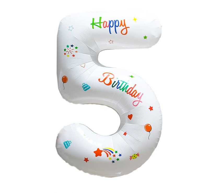 NUM-32-PRT-05 | 32 Inch White Base Happy Birthday Printed Foil Number 5 Balloon, Individual Pack Wholesale | Low MOQ