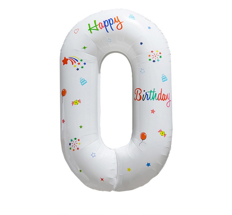 NUM-32-PRT-00 | 32 Inch White Base Happy Birthday Printed Foil Number 0 Balloon, Individual Pack Wholesale | Low MOQ