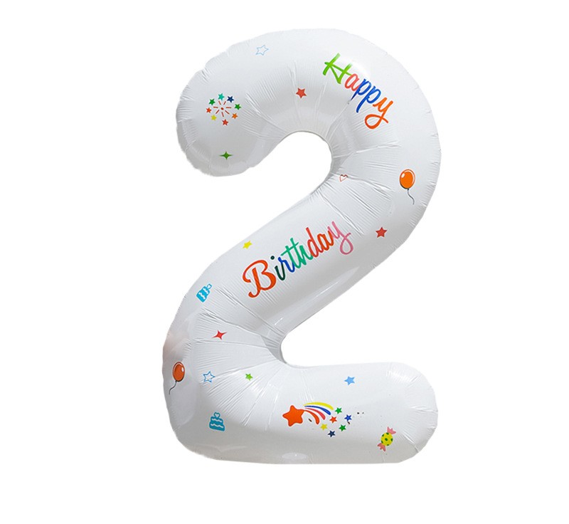 NUM-32-PRT-02 | 32 Inch White Base Happy Birthday Printed Foil Number 2 Balloon, Individual Pack Wholesale | Low MOQ