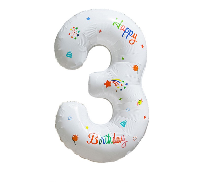 NUM-32-PRT-03 | 32 Inch White Base Happy Birthday Printed Foil Number 3 Balloon, Individual Pack Wholesale | Low MOQ