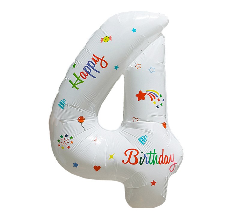 NUM-32-PRT-04 | 32 Inch White Base Happy Birthday Printed Foil Number 4 Balloon, Individual Pack Wholesale | Low MOQ