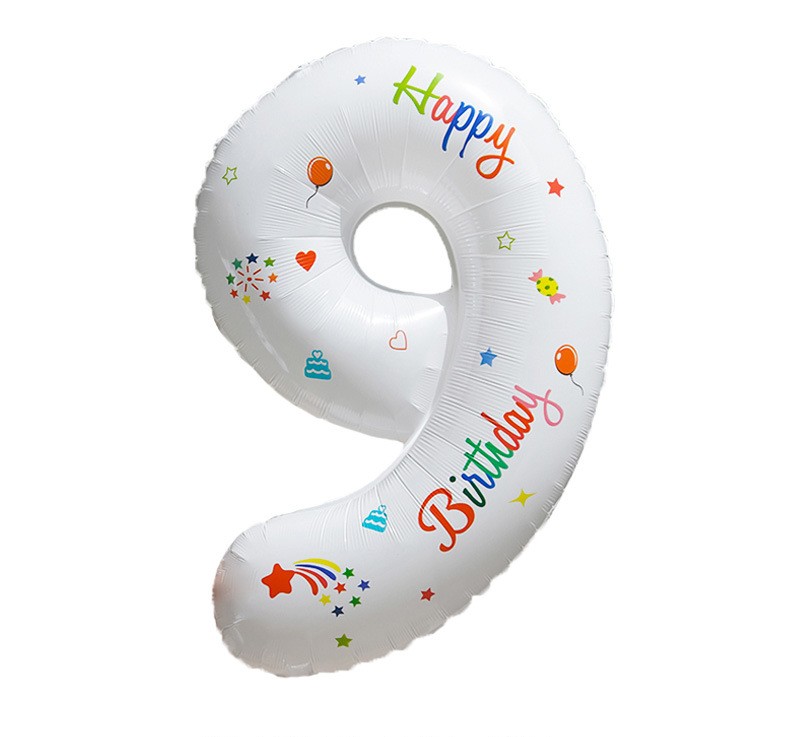 NUM-32-PRT-09 | 32 Inch White Base Happy Birthday Printed Foil Number 9 Balloon, Individual Pack Wholesale | Low MOQ
