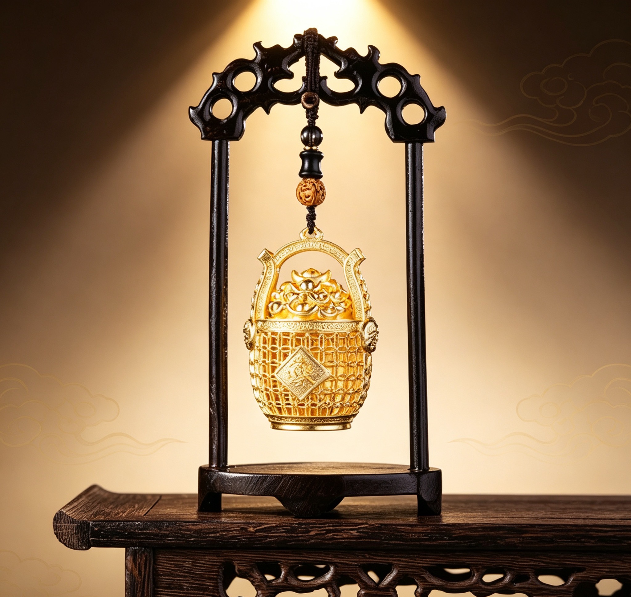 Wealth‑Filled Golden Basket | Aurkinatelier Oriental Blessing Keepsake