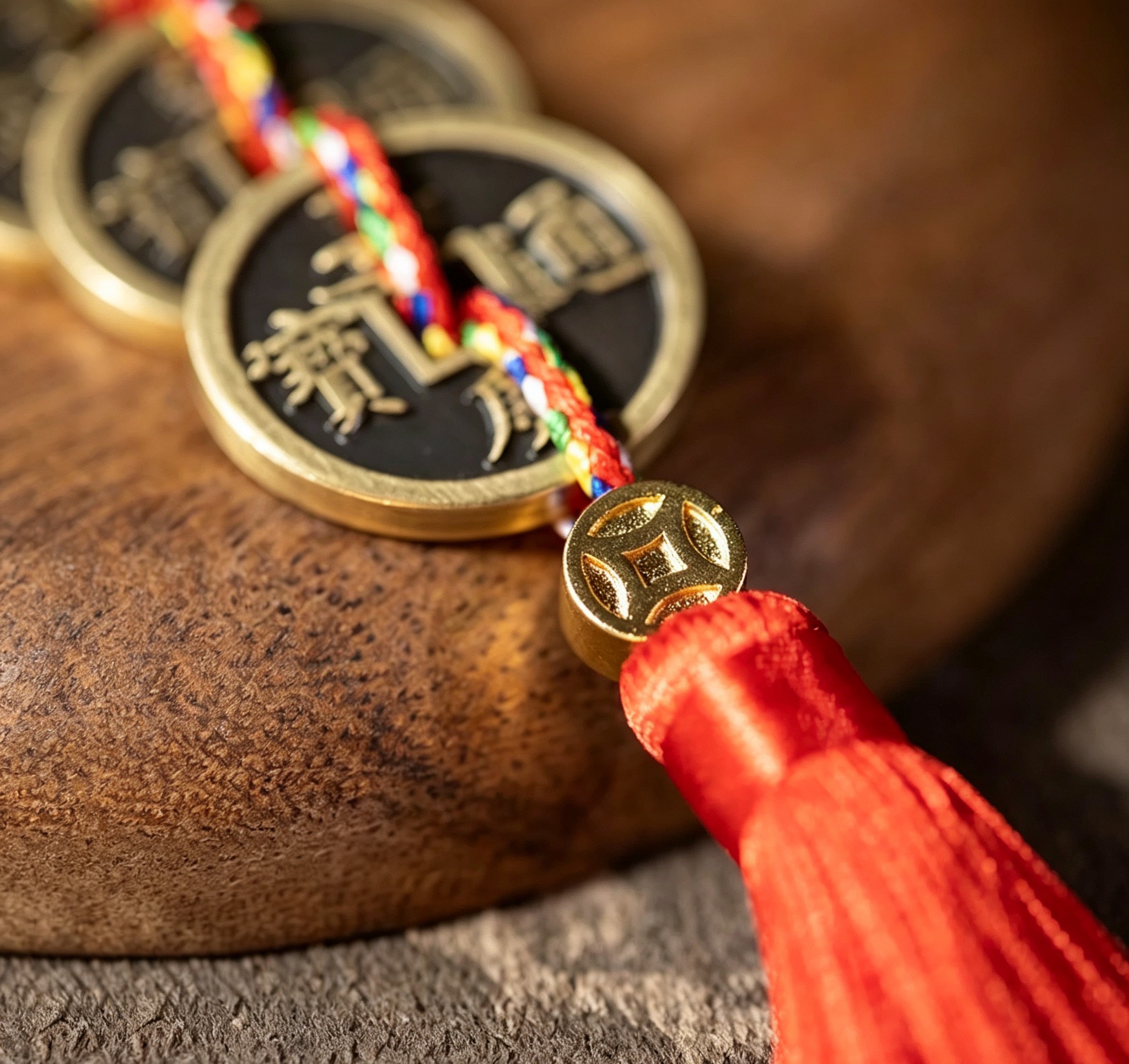    Five‑Emperor Brass Coin Tassel Hanging Ornament, Traditional Oriental Folk Cultural Keepsake Charm for Home & Car Decor