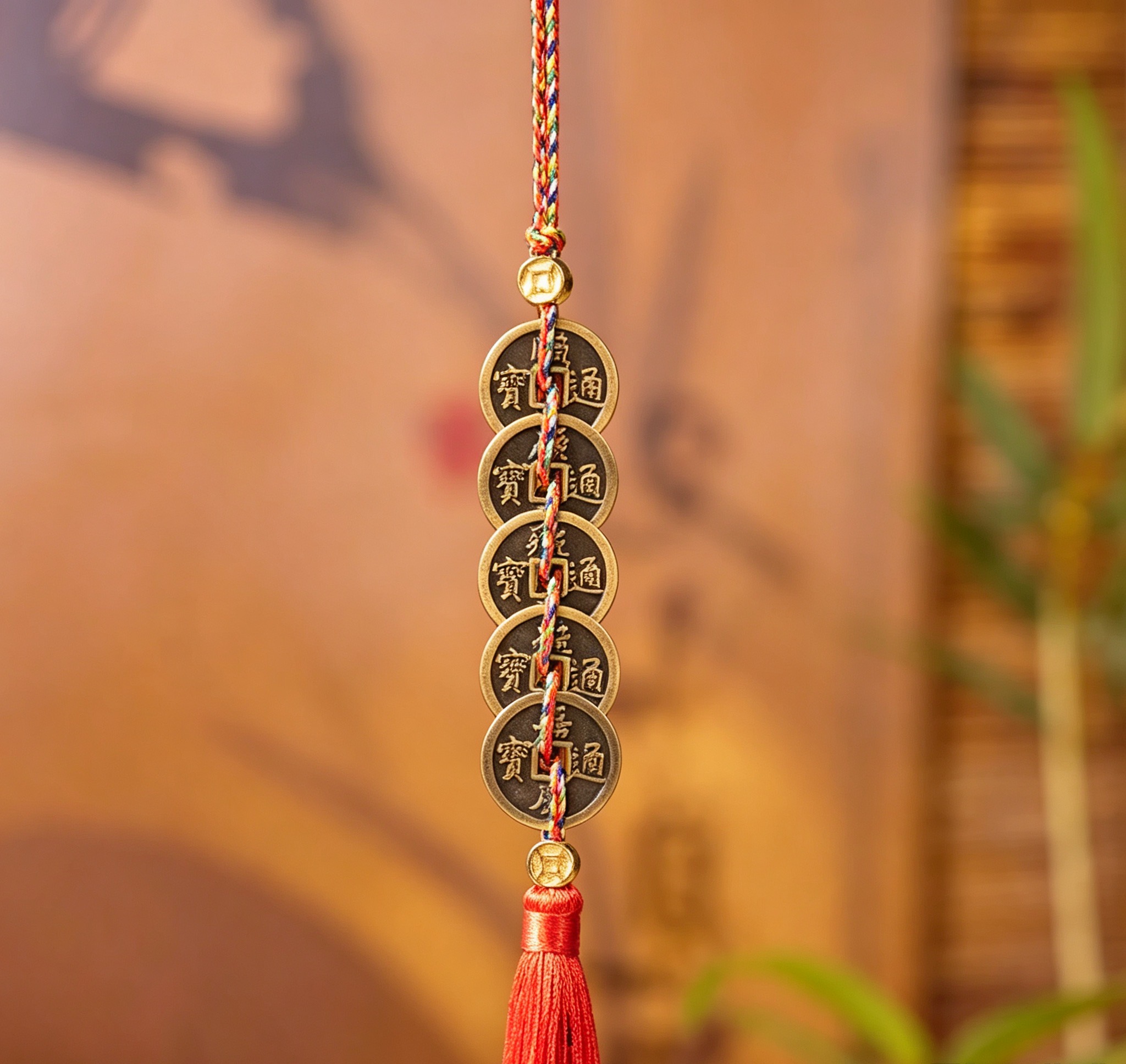    Five‑Emperor Brass Coin Tassel Hanging Ornament, Traditional Oriental Folk Cultural Keepsake Charm for Home & Car Decor