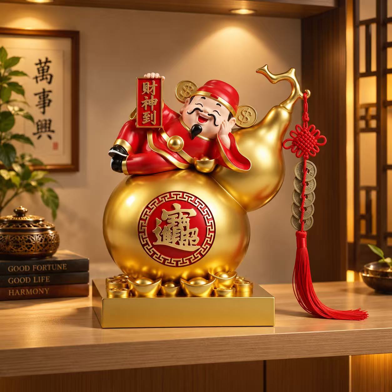 Feng Shui God of Wealth Wu Lou Statue with Emperor Coins for Home & Office Decor