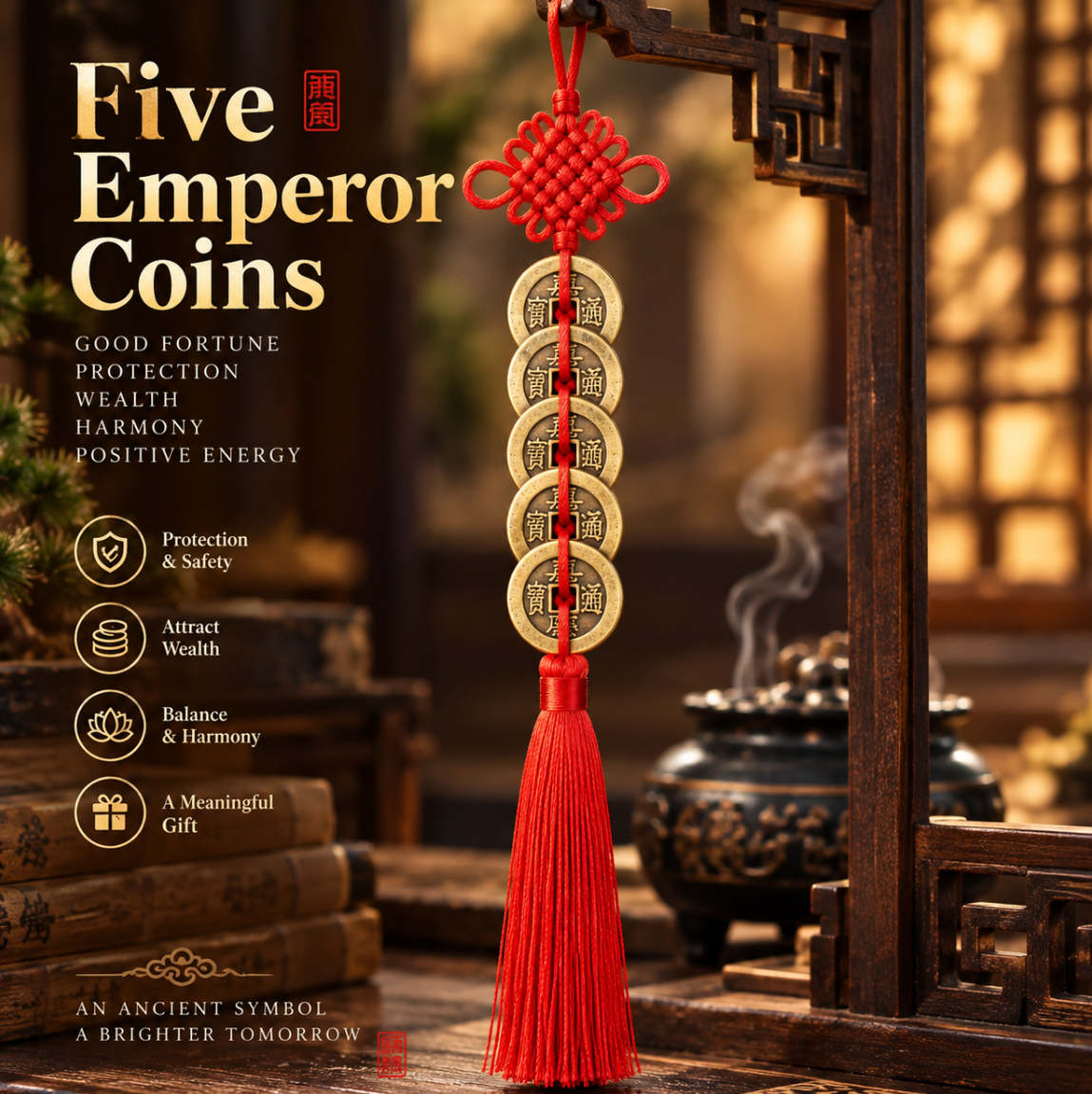 Chinese Emperor Coins Feng Shui Ornament, Solid Brass Lucky Charm with Red Tassel, Wealth Protection Hanging Decor
