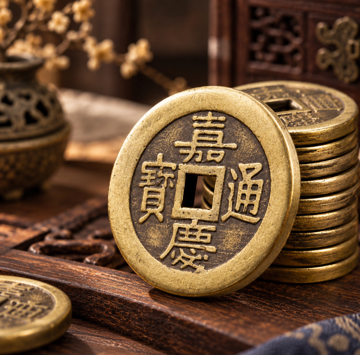Chinese Emperor Coins Feng Shui Ornament, Solid Brass Lucky Charm with Red Tassel, Wealth Protection Hanging Decor