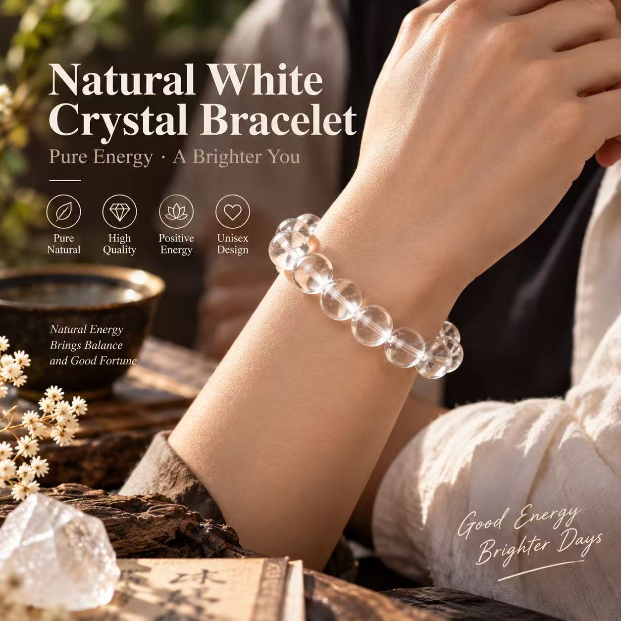 Aurkinatelier Clear Quartz Bracelet Purification Mental Focus Clarity Healing Crystal Plain Beaded Bracelet