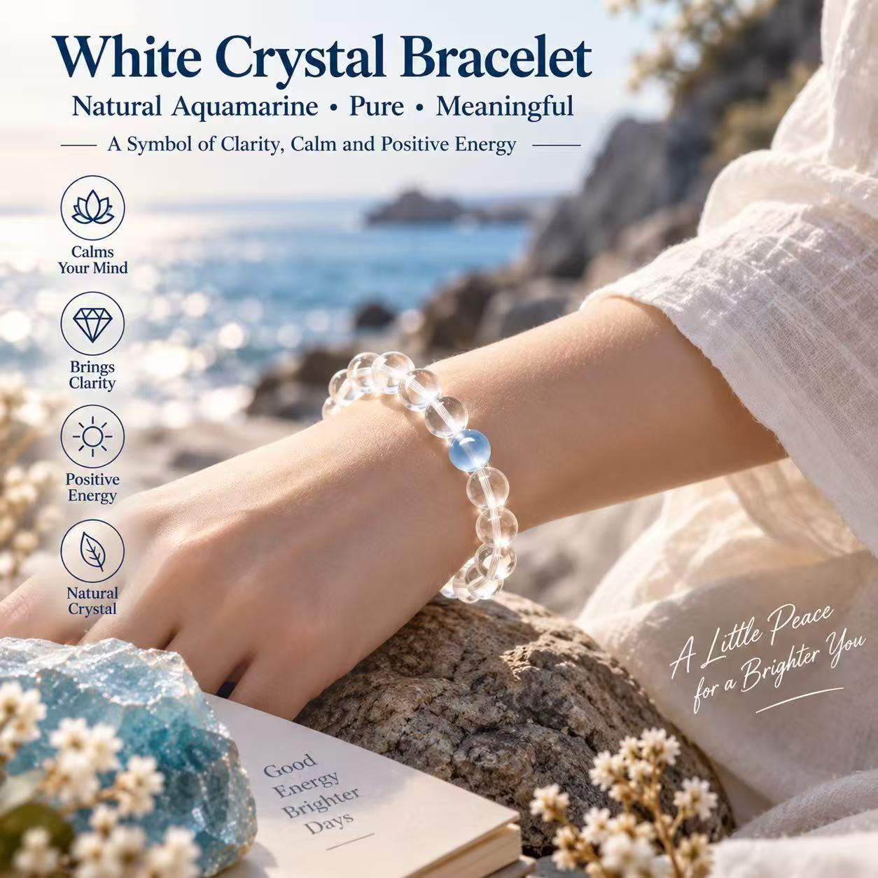 Aurkinatelier Clear Quartz & Aquamarine Bracelet Calm Communication Serenity Healing Crystal Gemstone Beaded Bracelet
