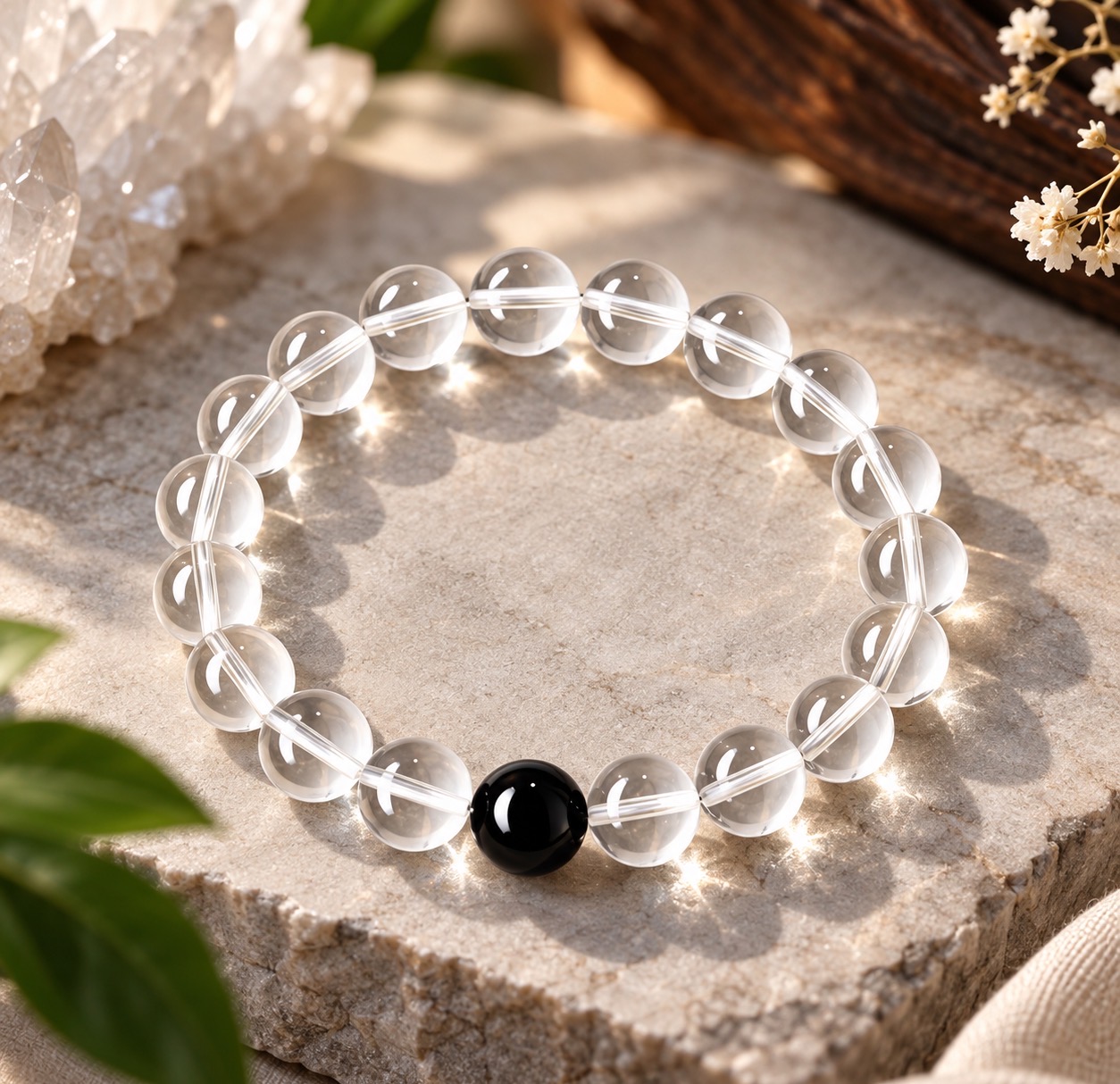 Aurkinatelier Clear Quartz & Black Obsidian Bracelet Protection Grounding Positive Energy Healing Crystal Gemstone Beaded Bracelet