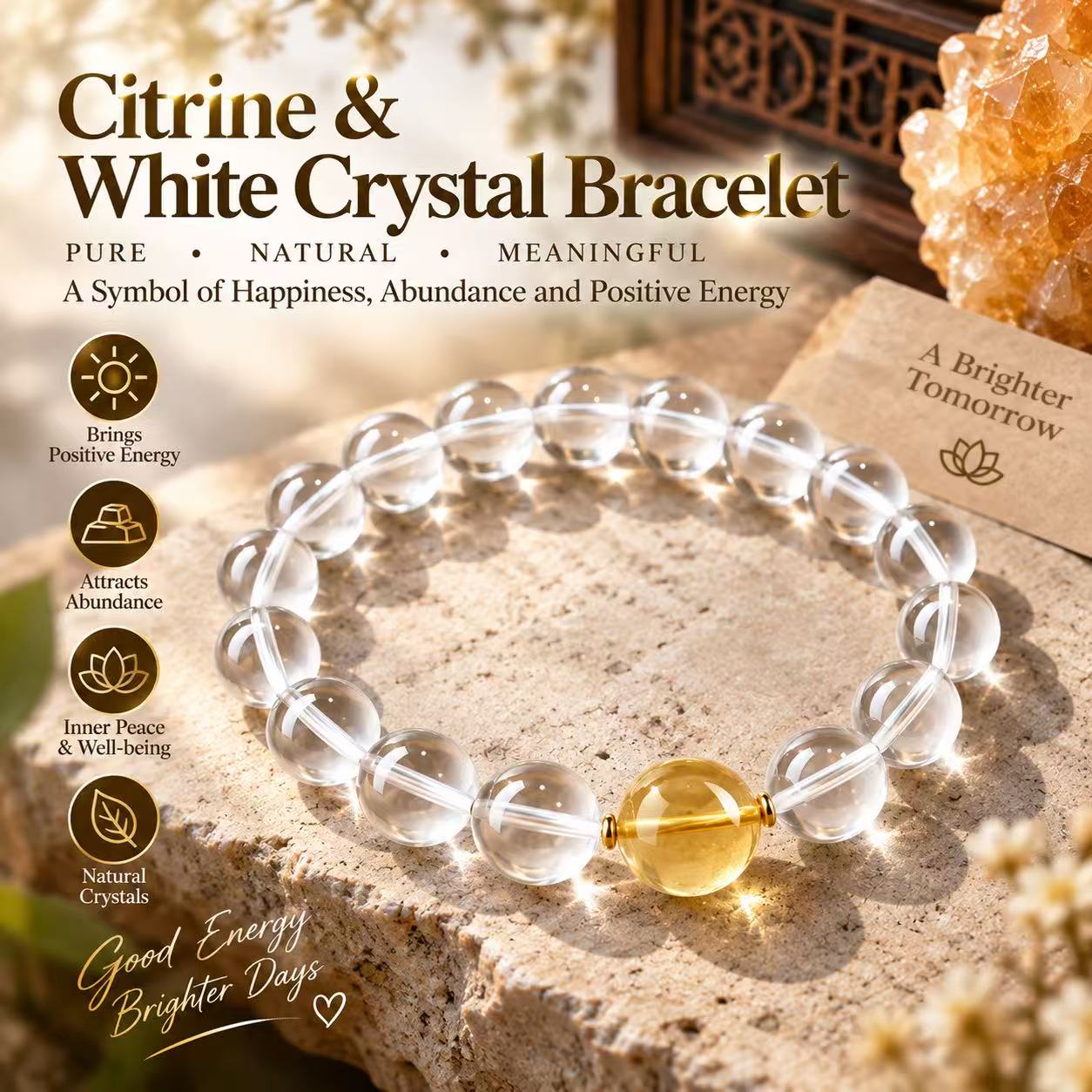 Citrine & Clear Quartz Bracelet Positive Energy Abundance Healing Crystal Gemstone Beaded Bracelet