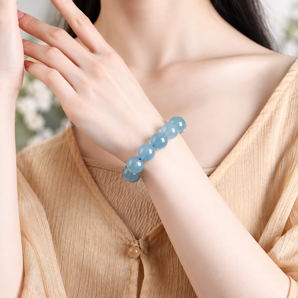 Aurkinatelier Aquamarine Bracelet Emotional Balance Flow Calm Communication Healing Crystal Plain Beaded Bracelet