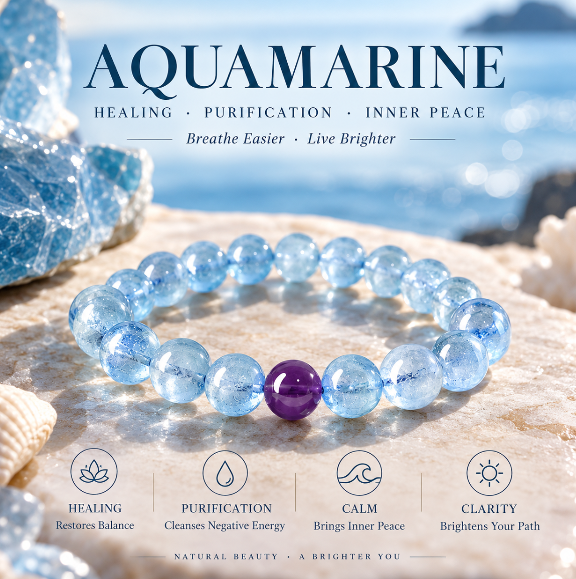 Aurkinatelier Aquamarine Bracelet Emotional Balance Flow Calm Communication Healing Crystal Plain Beaded Bracelet