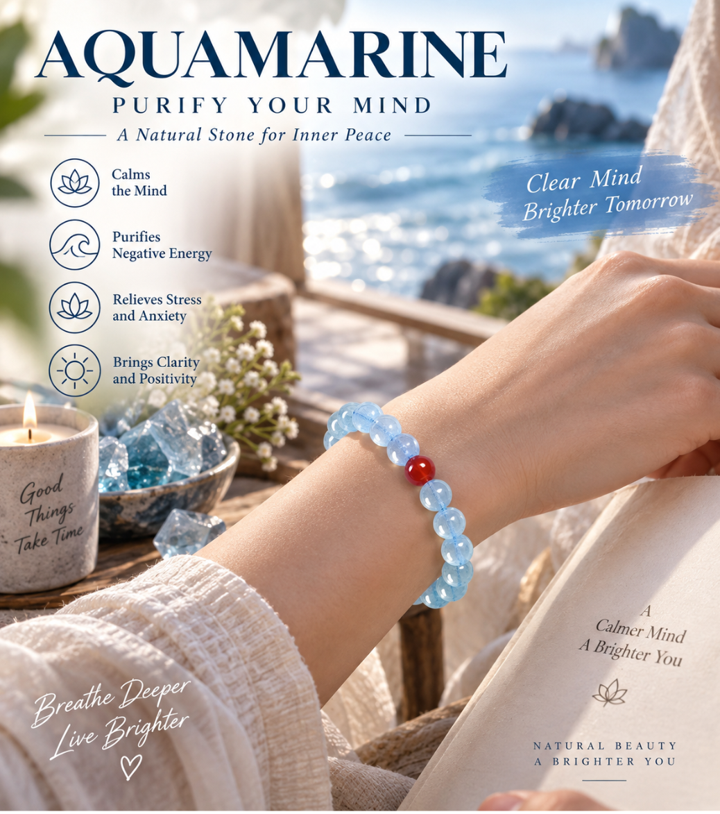 Aurkinatelier Aquamarine & Red Agate Bracelet Grounded Optimism Inner Balance Courage Healing Crystal Gemstone Beaded Bracelet