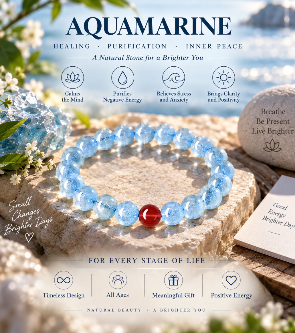 Aurkinatelier Aquamarine & Red Agate Bracelet Grounded Optimism Inner Balance Courage Healing Crystal Gemstone Beaded Bracelet