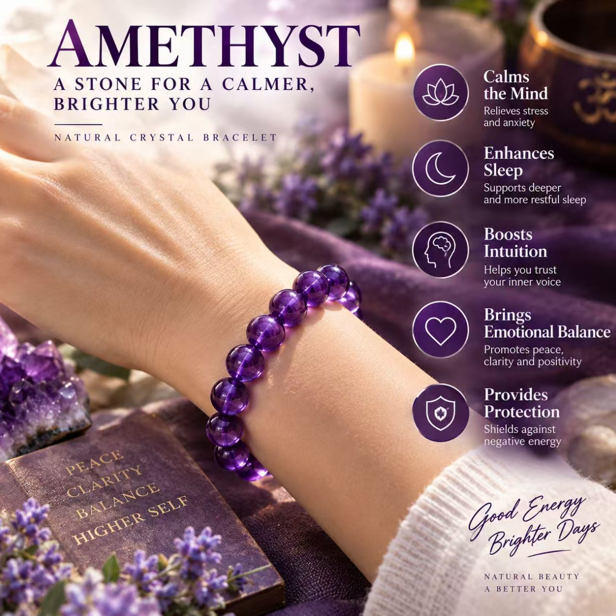 Aurkinatelier Uruguayan Amethyst Bracelet Soul Stillness Subconscious Healing Spiritual Rest Crystal Plain Beaded Bracelet