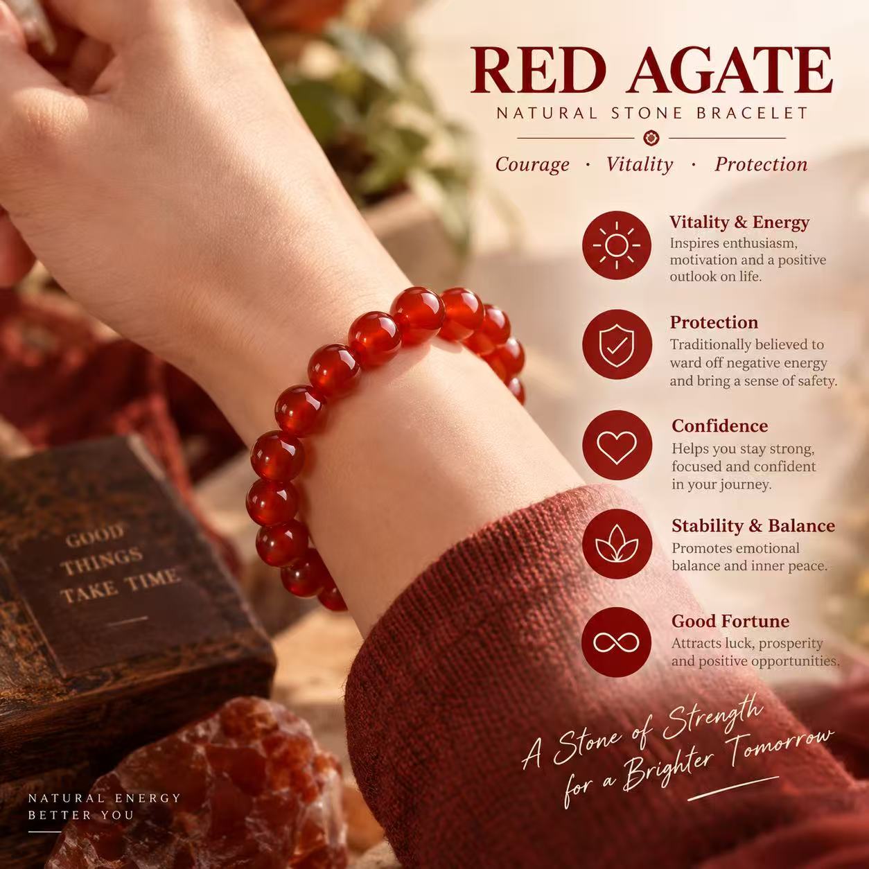 Aurkinatelier Red Agate Bracelet Life Force Vitality Inner Resilience Manifestation Crystal Plain Beaded Bracelet