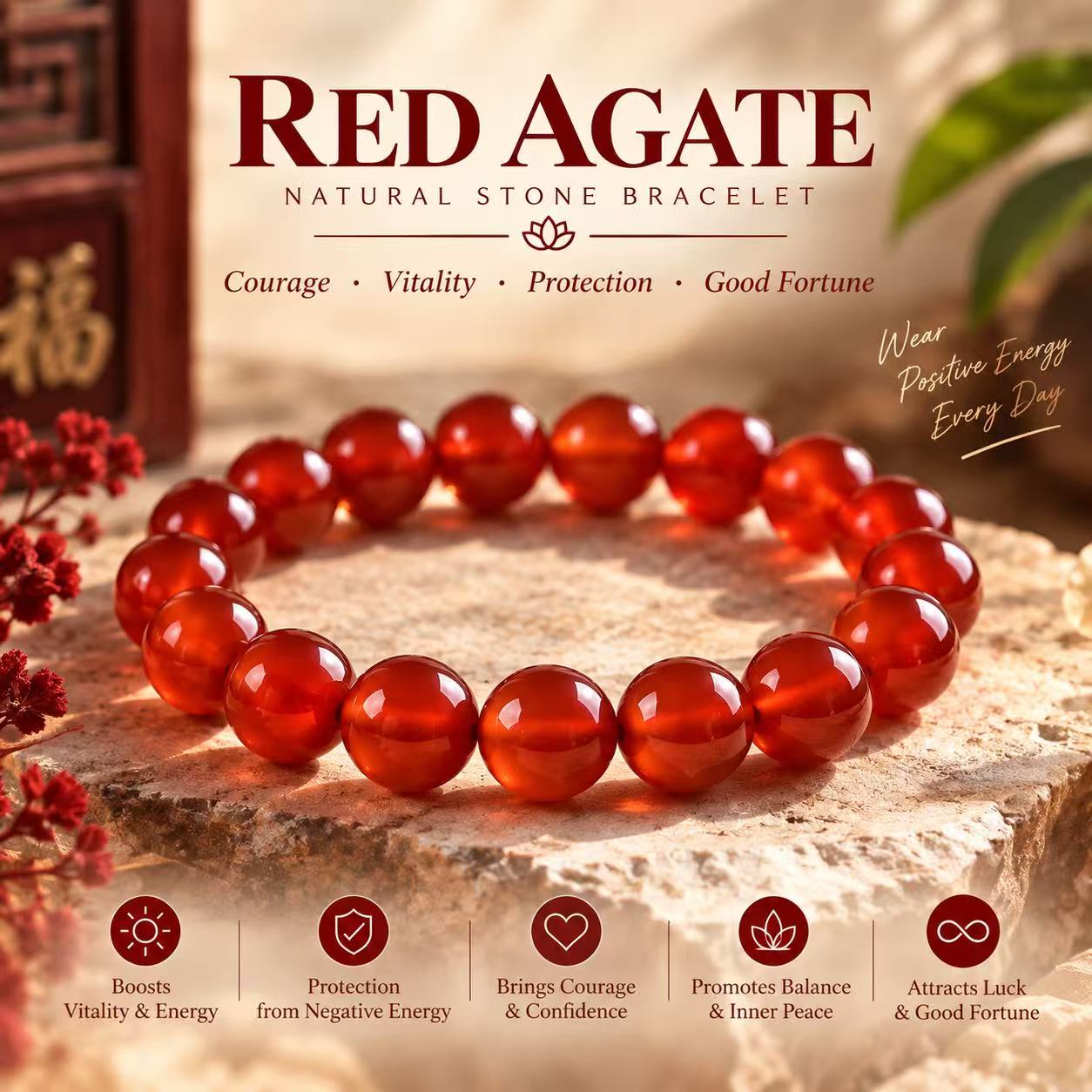 Aurkinatelier Red Agate Bracelet Life Force Vitality Inner Resilience Manifestation Crystal Plain Beaded Bracelet