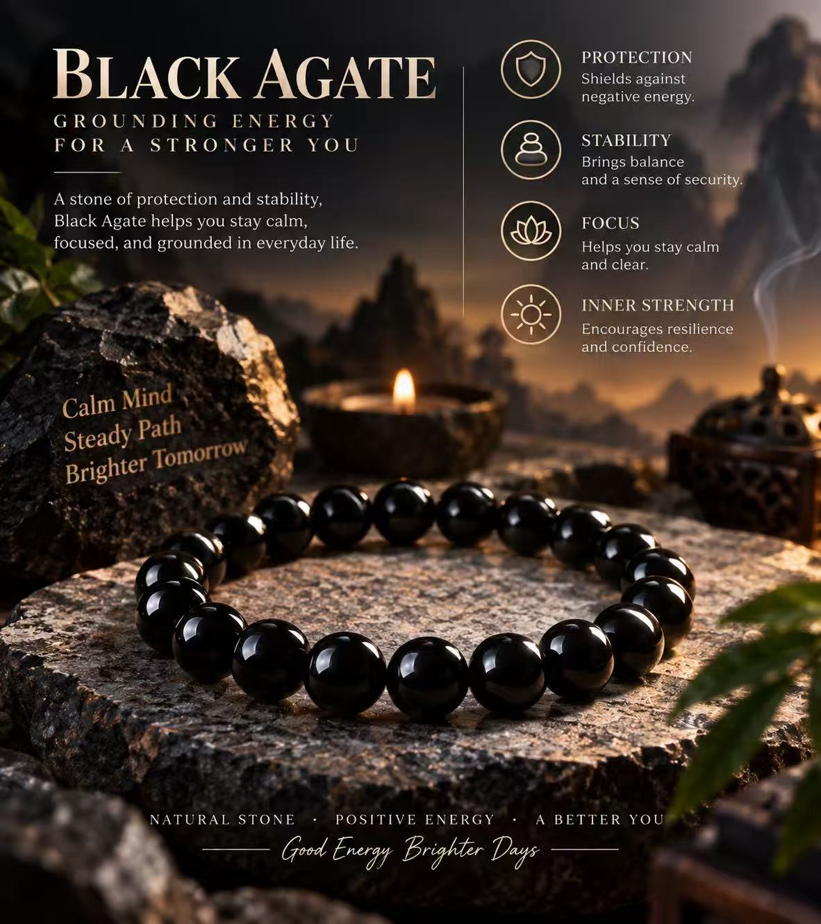 Aurkinatelier Black Agate Bracelet Energetic Protection Grounding Stability Shadow Work Crystal Plain Beaded Bracelet