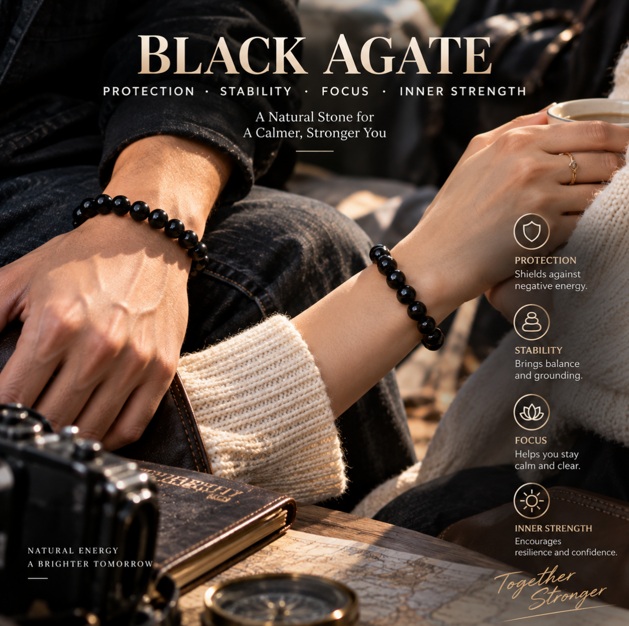 Aurkinatelier Black Agate Bracelet Energetic Protection Grounding Stability Shadow Work Crystal Plain Beaded Bracelet
