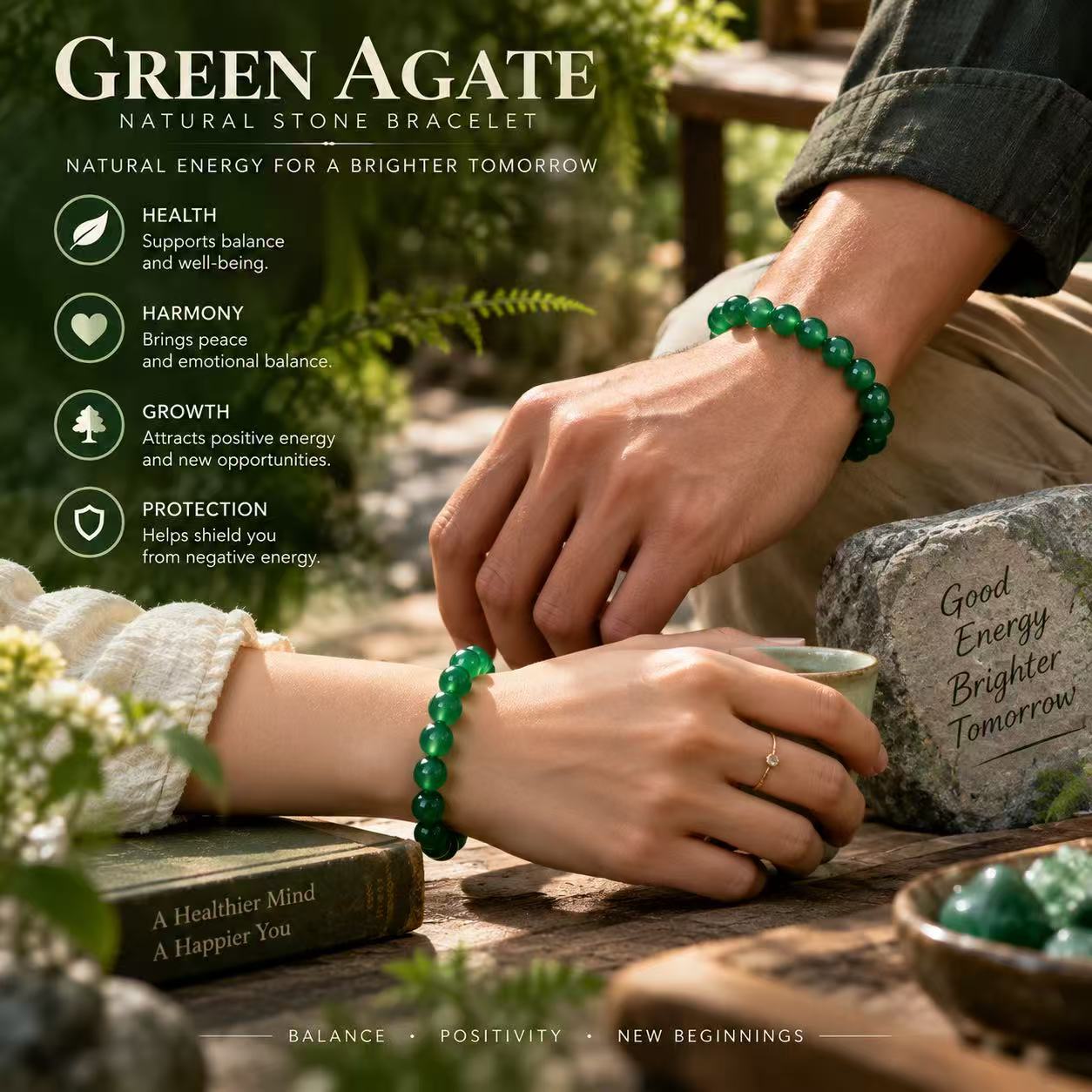 Aurkinatelier Green Agate Bracelet Heart Renewal Forgiveness Thriving Abundance Crystal Plain Beaded Bracelet