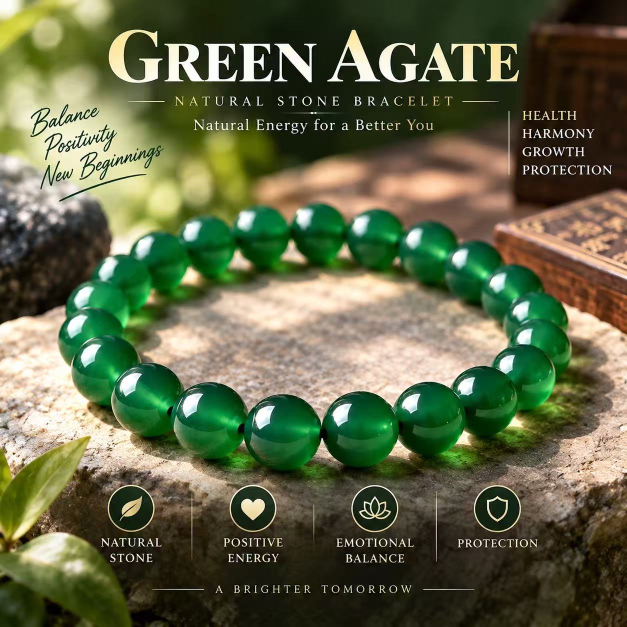 Aurkinatelier Green Agate Bracelet Heart Renewal Forgiveness Thriving Abundance Crystal Plain Beaded Bracelet