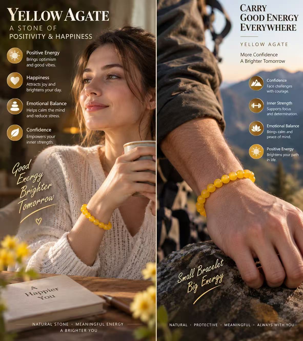 Aurkinatelier Yellow Agate Bracelet Solar Vitality Optimistic Outlook Creative Flow Crystal Plain Beaded Bracelet