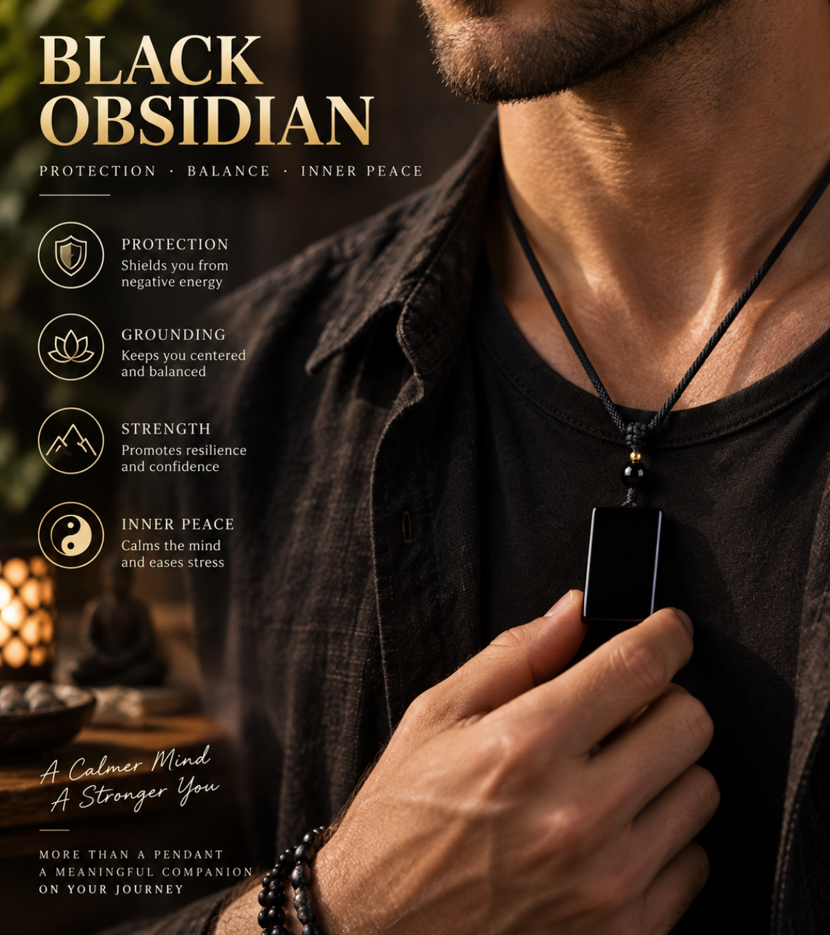 Aurkinatelier Natural Black Obsidian Plain Square Tablet Pendant, Peace Safety Protection Amulet Obsidian Necklace for Men
